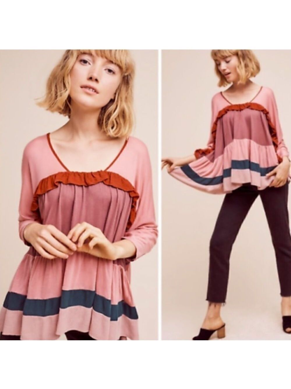 ANTHROPOLOGIE Meadow Rue Colorblock Boho Ruffle Swing Top Size Small - Picture 2 of 13